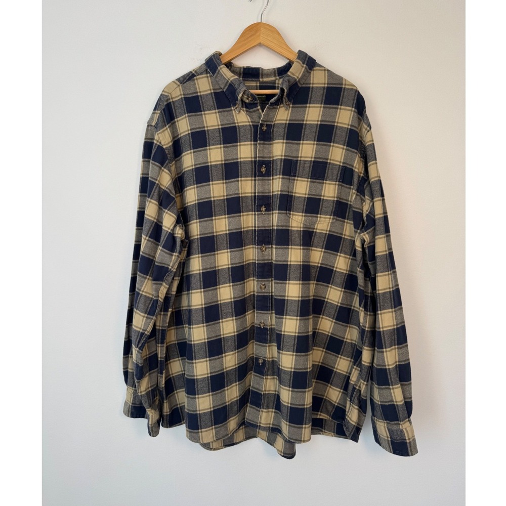 Outdoorsy Eddie Bauer Mens 3XLT Flannel Shirt Navy Tan‎ Plaid Long Sleeve Tall